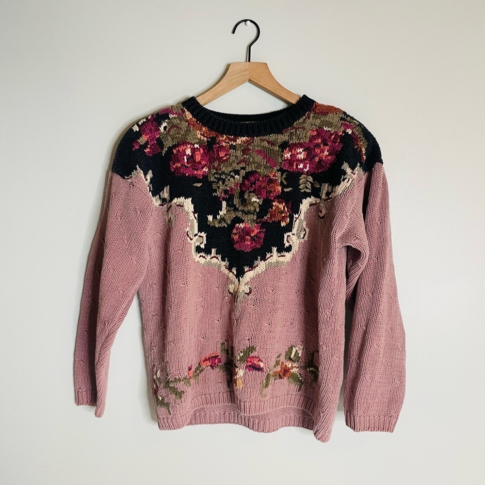 Vintage Pink Floral Knit Sweater